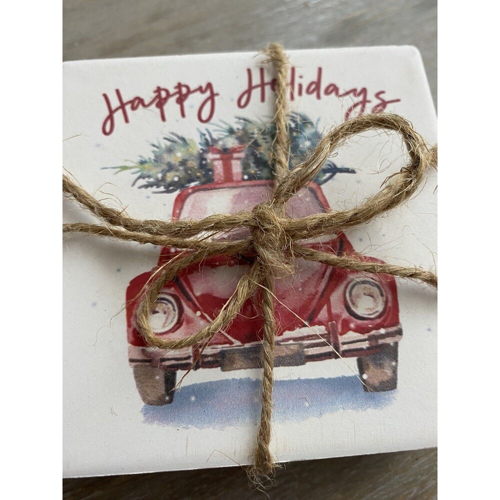 Volkswagen VW Bug Happy Holidays stone marble coaster set 4 cork bottom